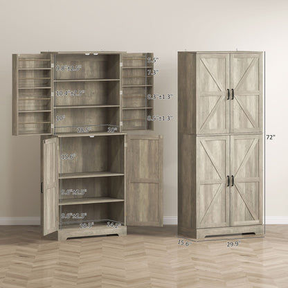HOMCOM Farmhouse Kitchen Pantry, 72" Tall Pantry Cabinet with 4 Barn Doors, 4 Adjustable Shelves and 8 Door Shelves, Gray Wash