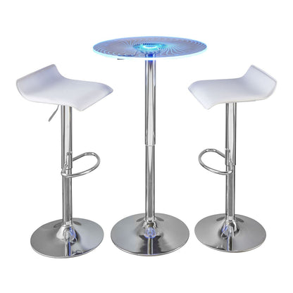 Spyra-Ale Contemporary Adjustable Bar Set in Chrome Metal, Clear Acrylic with Light Up Tabletop, and White PVC by - 3 Piece