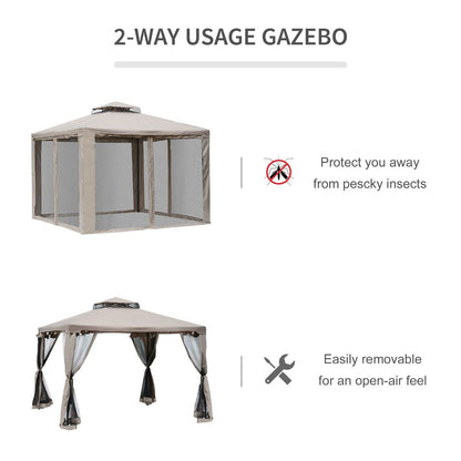 Outsunny 10' x 10' Gazebo Tent, Canopy with Mosquito Netting SideWalls, 2-Tier Vented Roof, Fabric for Garden, Lawn, Backyard, Taupe