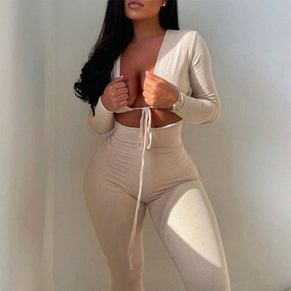 Jumpsuits Bandage Tie Sexy Hollow Out Long Sleeve Bodycon