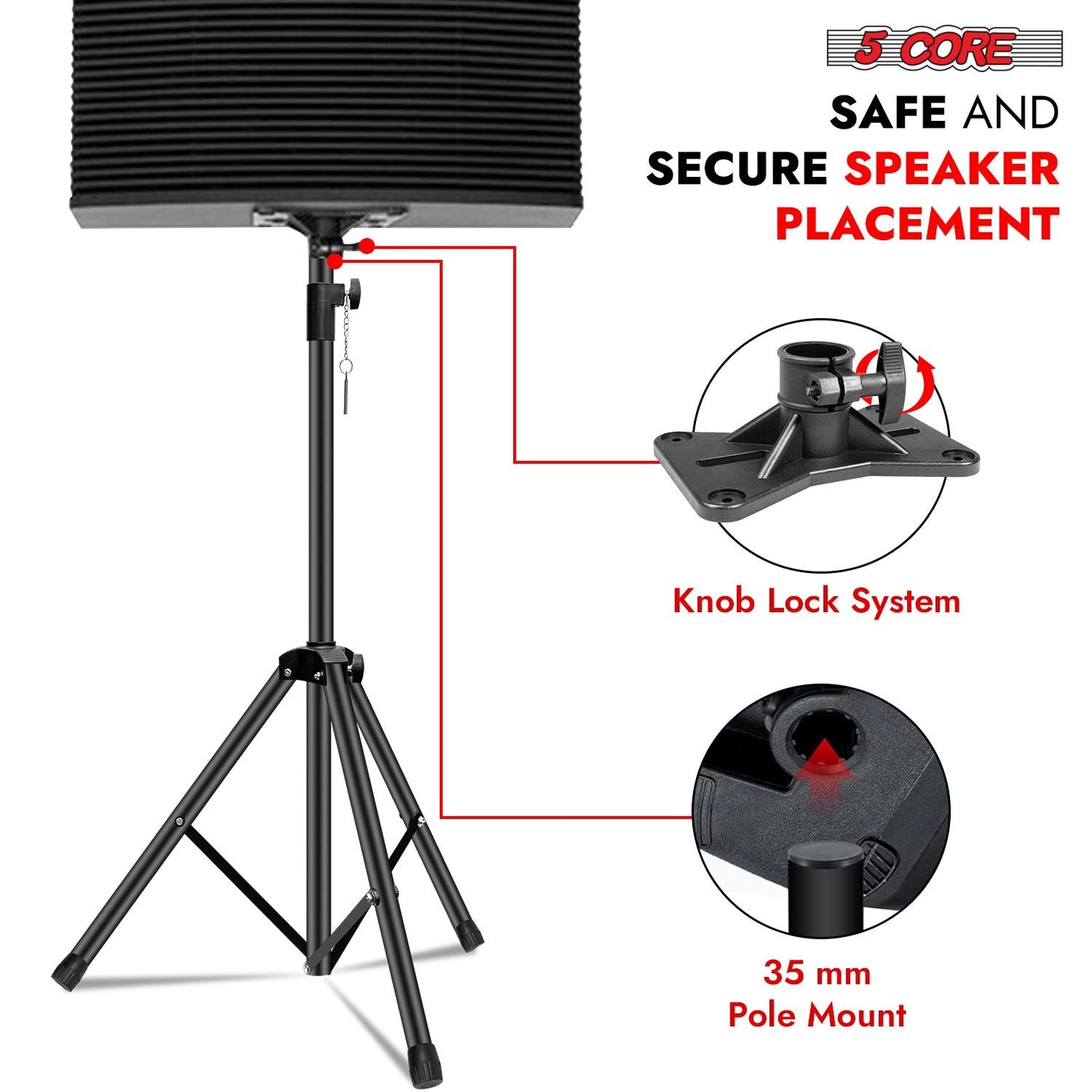 5 Core Speaker Stand Tripod Floor Tall Adjustable Up to 72 Inch DJ Studio Monitor Stands Pole Mount - SS ECO 1PK WOB