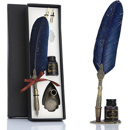 Feather Pen And Ink Set, Glittering Quill Pen Set Antique Calligraphy Dip Pen With Ink, 2 Replacement Nibs, Pen Stand Base, Luxury Vintage Signature Pen
