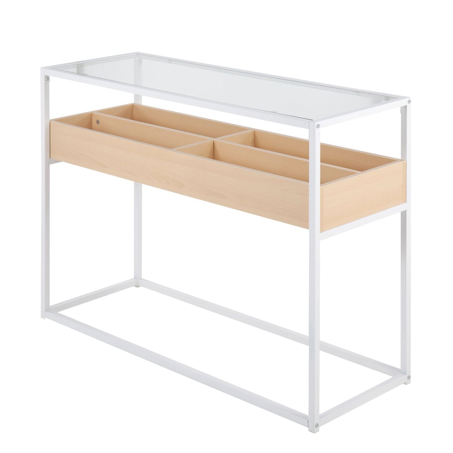 Display Contemporary Console Table in White Metal, Natural Wood, and Clear Glass by