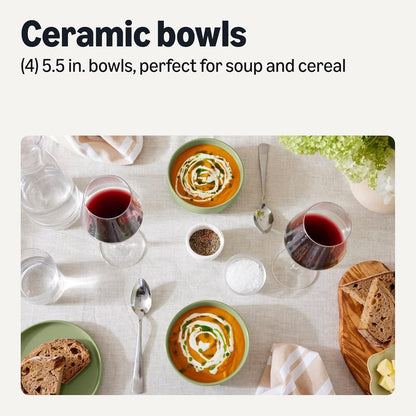 Basics Glazed Stoneware Bowls, 4-Piece Set, Microwave and Dishwasher-Safe, 20 oz. Capacity, 5.5 in., Olive