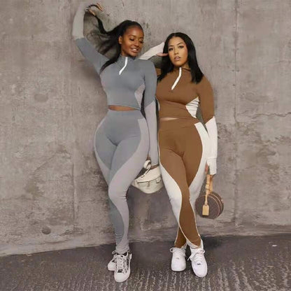 Fashion Two Pieces Activewear with Long Sleeve Crop Top with High Waist Leggings