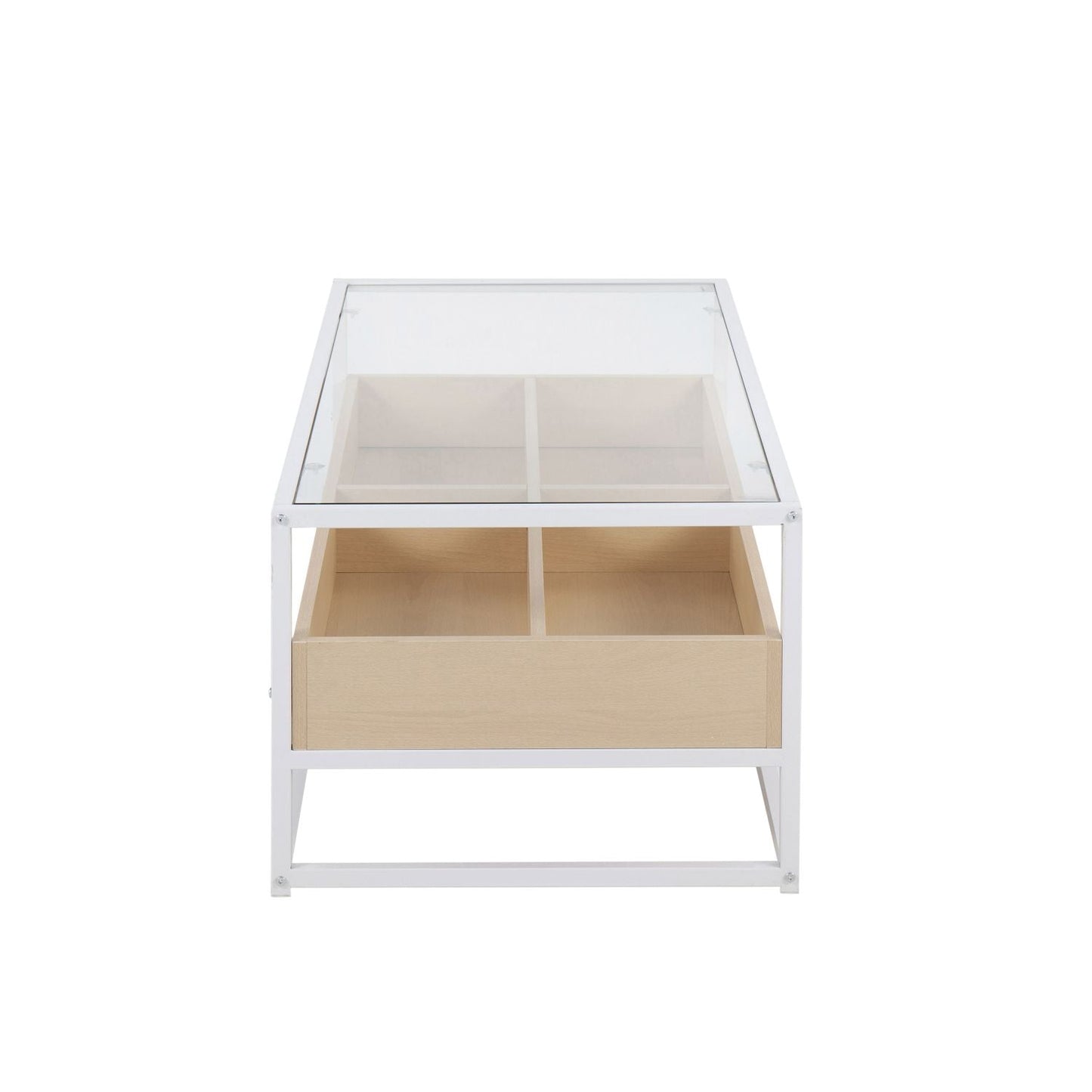 Display Contemporary Coffee Table in White Metal, Natural Wood, and Clear Glass by