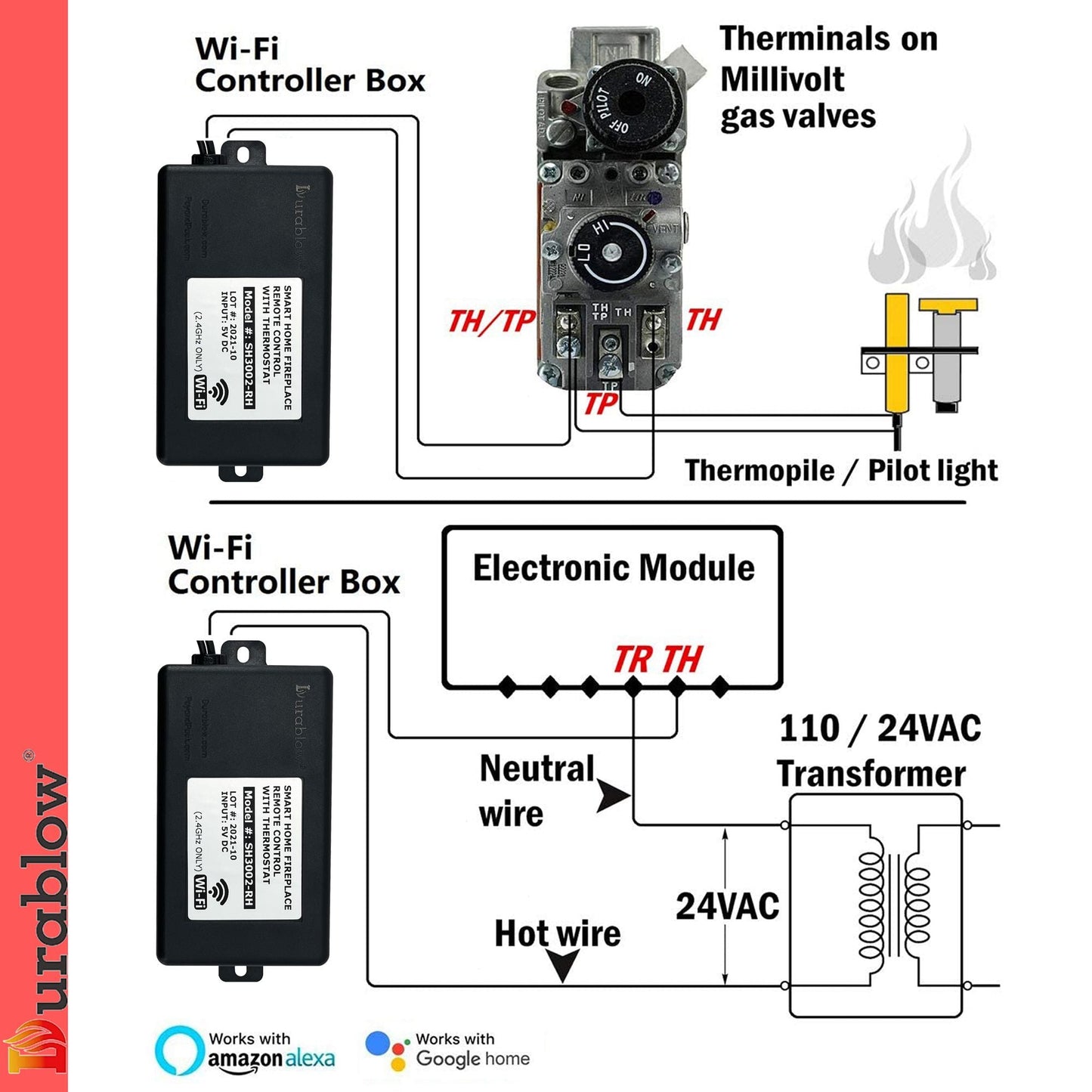Durablow SH3001 Gas Fireplace WiFi Smart Home Remote Control for Millivolt Valve IPI;  Works with Amazon Alexa;  Google Home;  Samsung SmartThings;  IFTTT;  Siri;  Smart Life