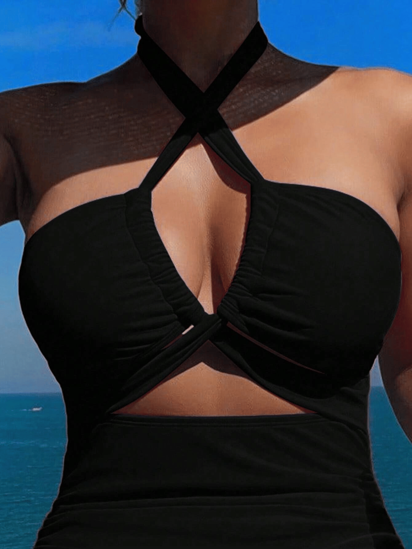 Ladies' cross pleated sexy hanging neck and exposed waist one-piece bikini swimsuit