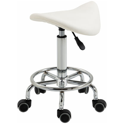 Saddle Stool PU Leather Adjustable Rolling Salon Chair White for Massage Spa Clinic Beauty Tattoo