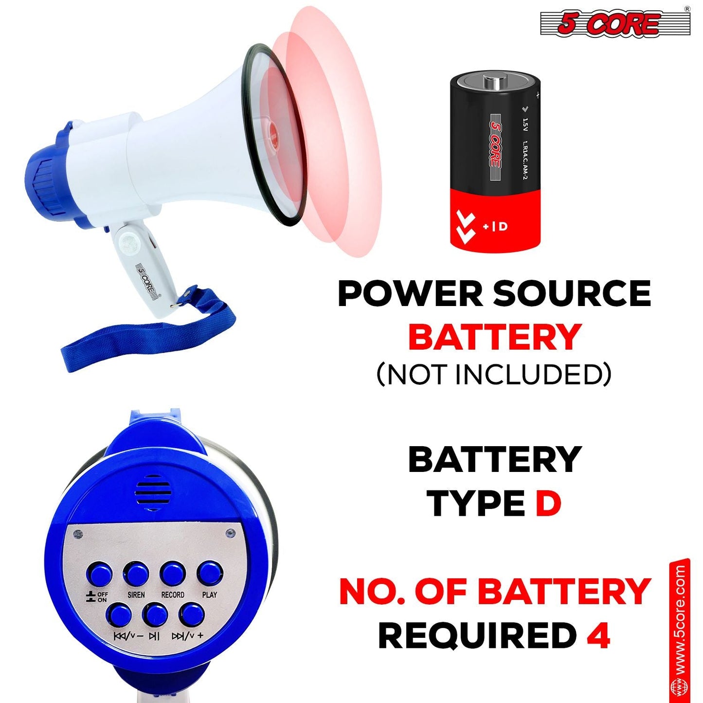 5 Core Megaphone 30W Bull Horn PA Speaker w 800 Yards Range USB Loud Siren Voice Amplifier Portable