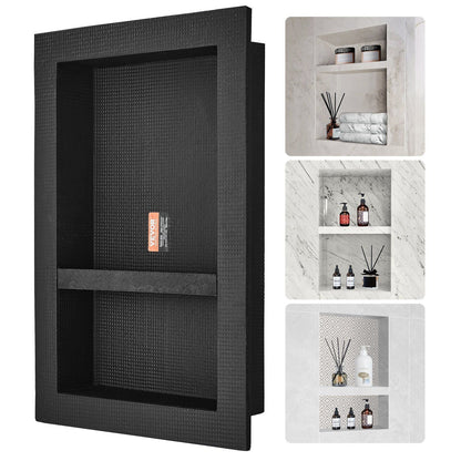 VEVOR Shower Niche Ready for Tile 16" x 24", Double Shelf Organizer, Square Corners Wall-inserted Niche Recessed, Sealed Protection Modern Soap Storage Niche for Shower Bathroom, Black