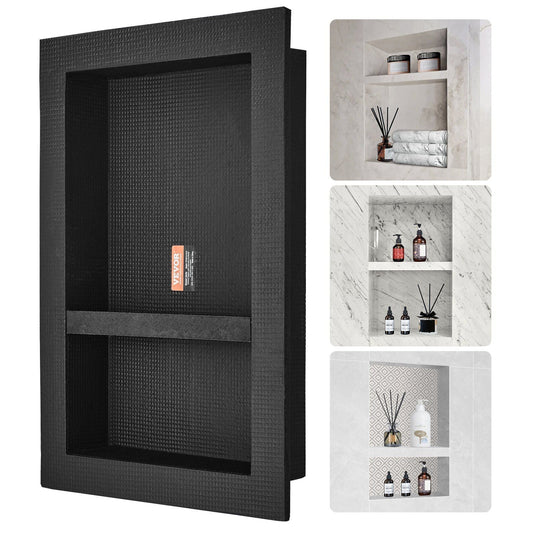 VEVOR Shower Niche Ready for Tile 16" x 24", Double Shelf Organizer, Square Corners Wall-inserted Niche Recessed, Sealed Protection Modern Soap Storage Niche for Shower Bathroom, Black