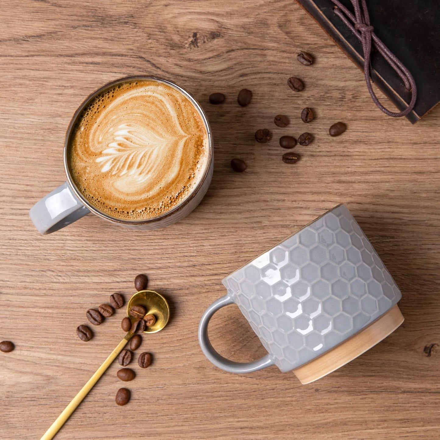 12OZ Stackable Coffee Mugs, Ceramic Coffee Mugs with Texture Patterns for Man,Woman,Dad,Mom, Modern Coffee Cups Set of 4 for Latte/Cappuccino/Cocoa. Dishwasher&Microwave Safe, Gray
