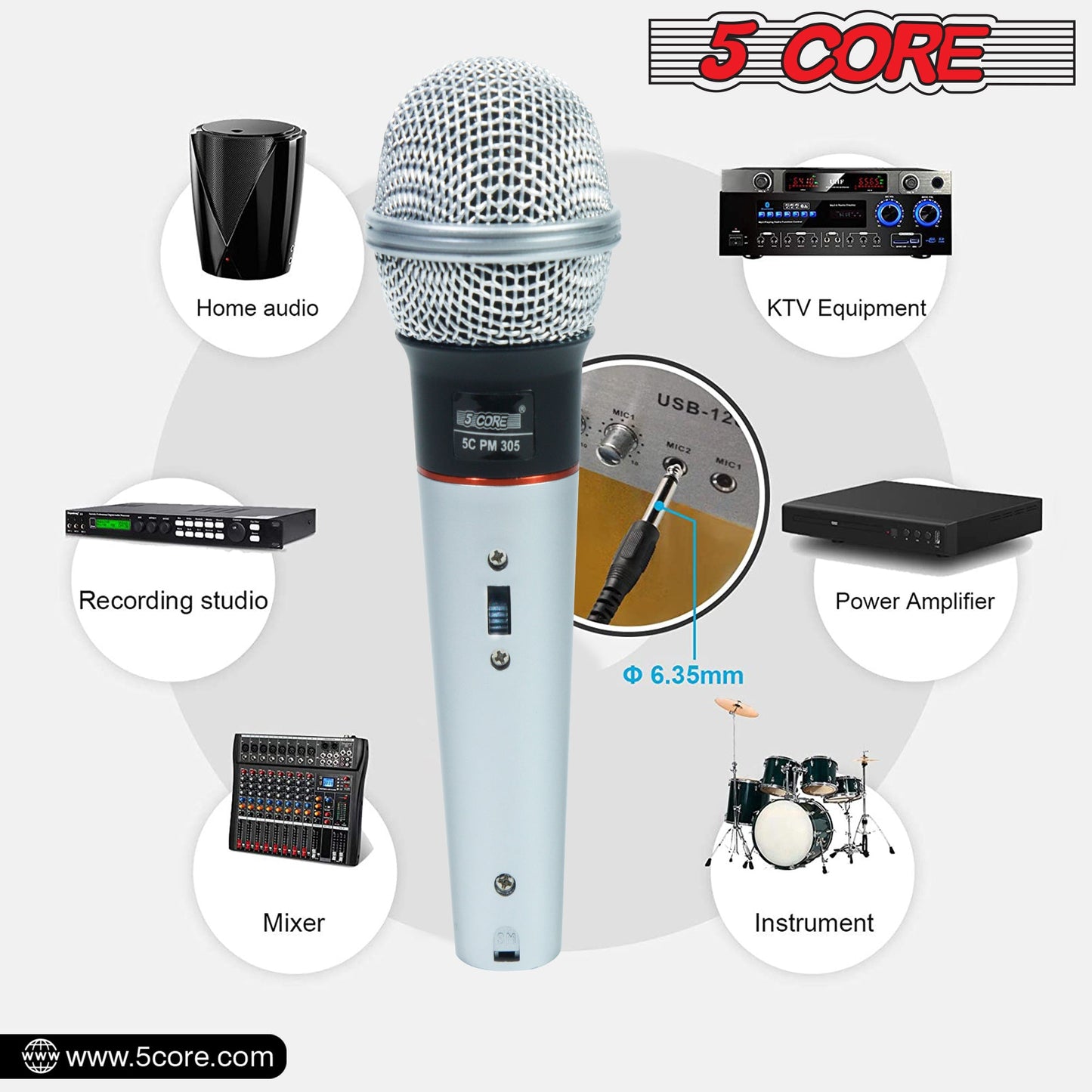5 Core Microphone Wired Dynamic Vocal Handheld Mic Cardioid Karaoke Unidirectional Microfono w On and Off Switch Includes XLR Audio Cable for Singing, Public Speaking & Parties PM 305