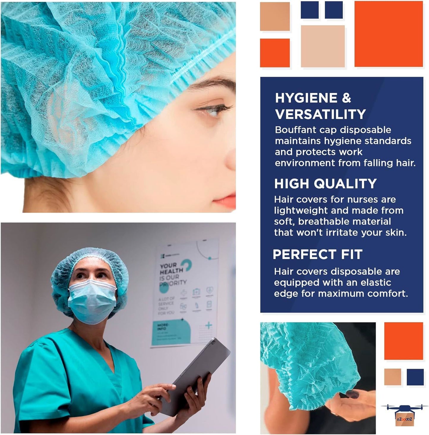 Blue Pleated Bouffant Hair Nets 24'; Disposable Hair Covers for Nurses Pack of 1000; Breathable Polypropylene Bouffant Caps; Disposable Hair Caps for Nurses with Elastic Stretch Band