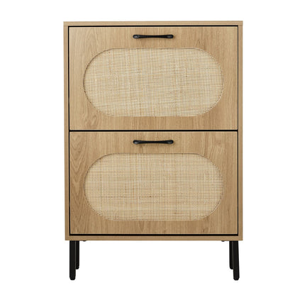 Rattan Shoe Cabinet with 2 Flip Doors, Narrow Freestanding Shoe Organizer, Modern Narrow Shoe Storage Cabinet with Metal Legs for Entryway, Hallway, Closet (Natural)
