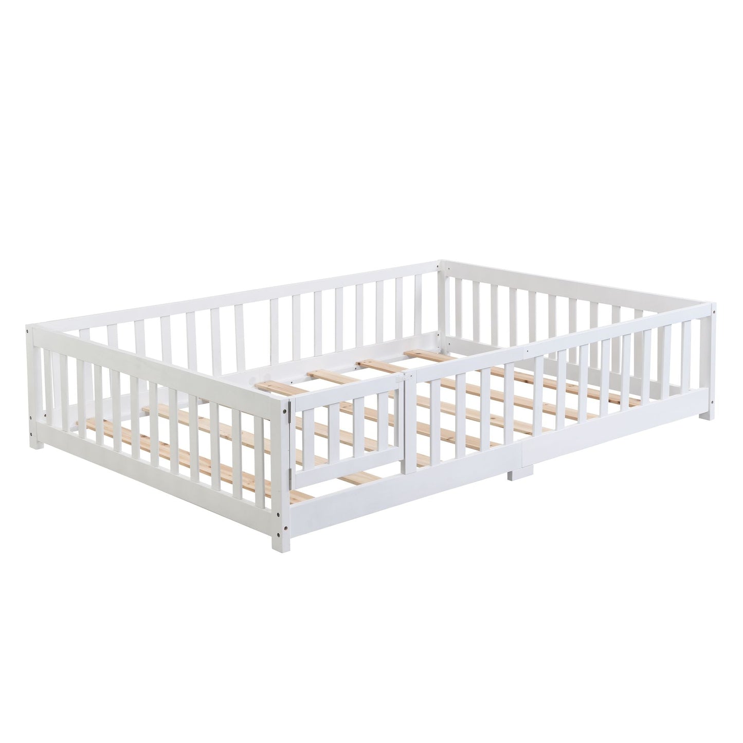 Full Size Floor Bed with Door, Solid Wood Platform Bed Frame with Fence, Suitable for children, Pine Wood