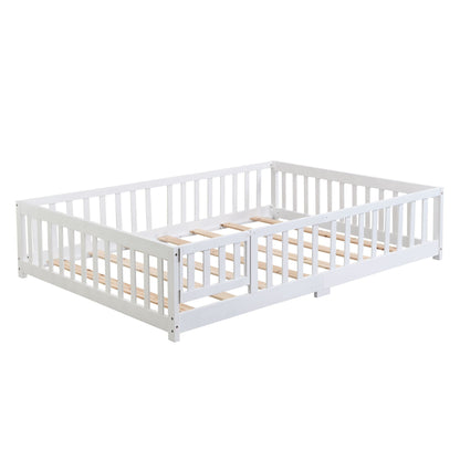 Full Size Floor Bed with Door, Solid Wood Platform Bed Frame with Fence, Suitable for children, Pine Wood