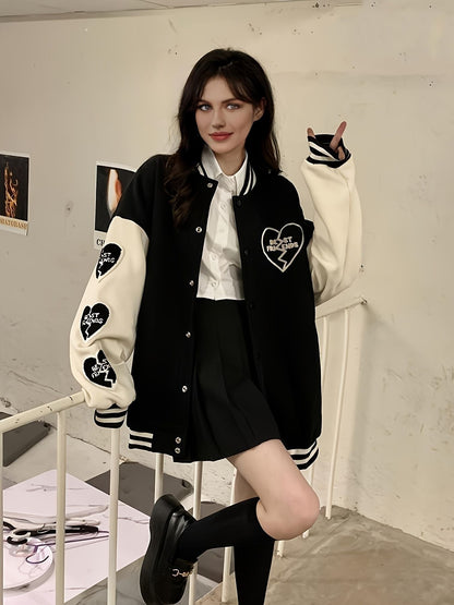 Preppy Heart Print Striped Trim Hem Patchwork Bomber Jacket, Casual Winter Oversized Coat, Women's Clothing