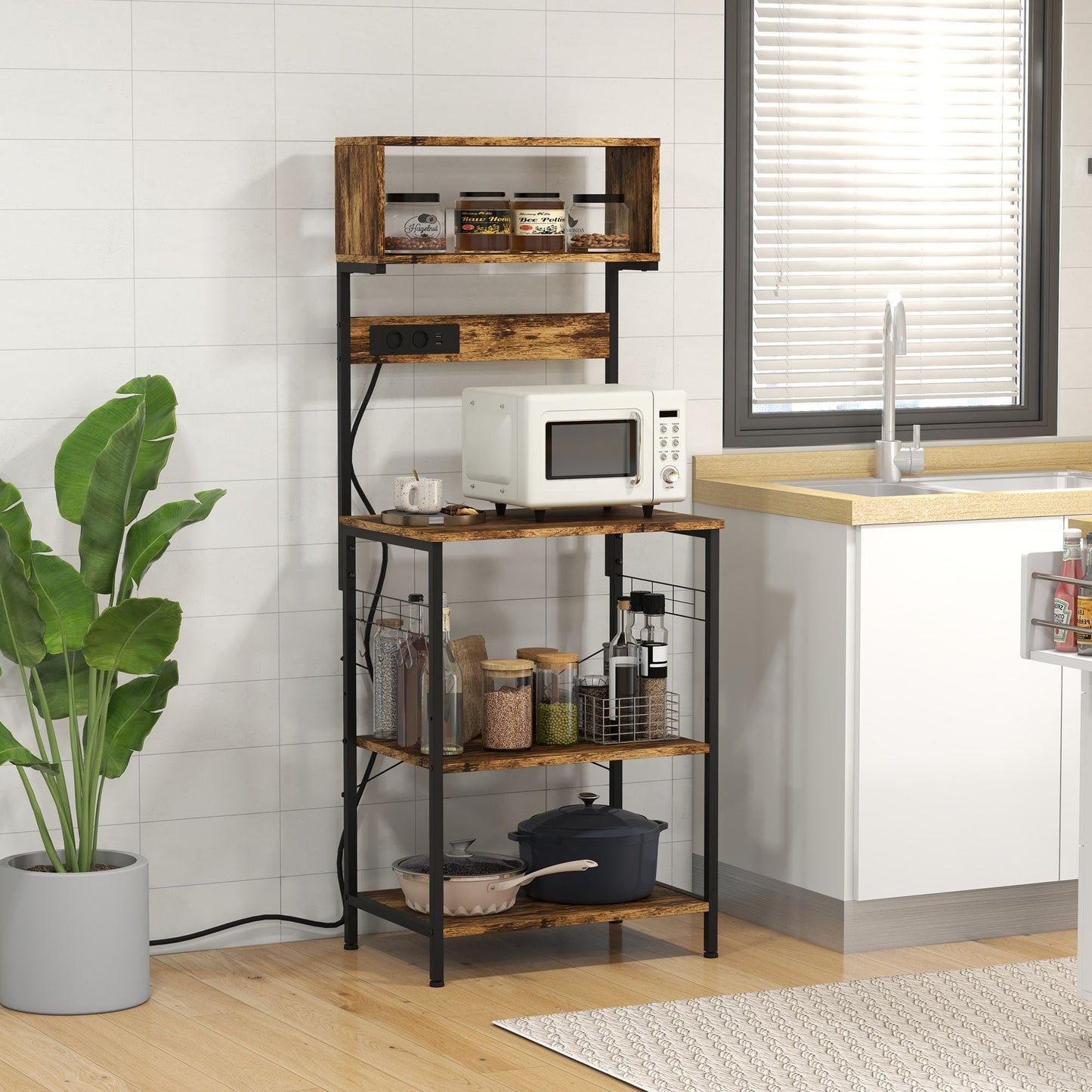 HOMCOM Baker's Rack with Power Outlet, USB Charging, Microwave Stand, Coffee Bar & Adjustable Shelves