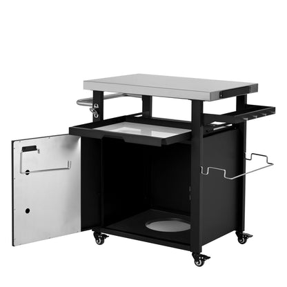 K&K 39.5" Outdoor Grill Cart with Storage Cabinet, Outdoor Bar Cart Pizza Oven Table with Wheels, Stainless Steel Top, Outdoor Kitchen Island with Spice & Paper Rack for BBQ, Waterproof Cover Included