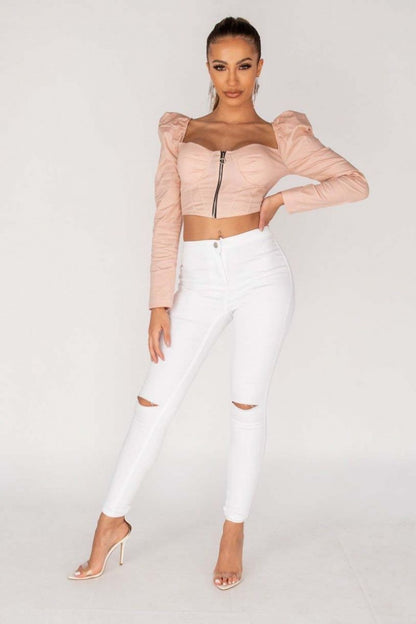 WHITE KNEE SLASH HIGH WAISTED JEGGING