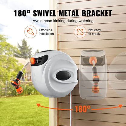 Retractable Hose Reel, 130 ft x 1/2 inch, 180° Swivel Bracket Wall-Mounted, Garden Water Hose Reel with 9-Pattern Nozzle, Automatic Rewind, Lock at Any Length, and Slow Return System