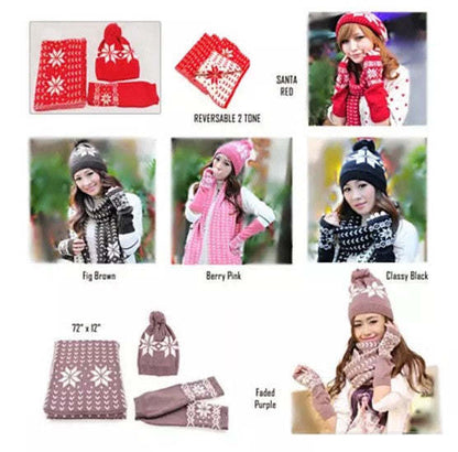 Snow Angel 3 pc XMas Set of Scarf; Hat And Gloves In 2 Tones