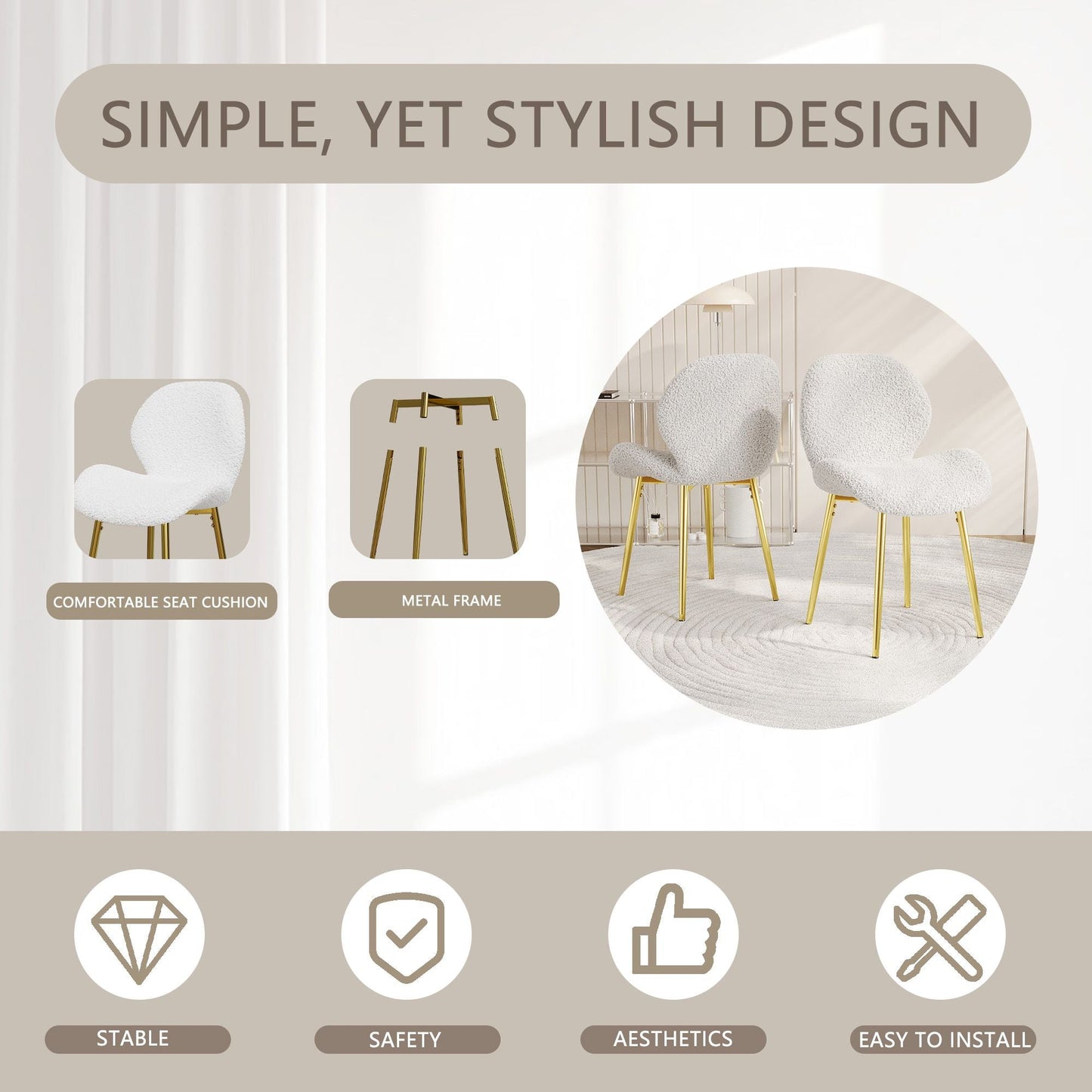 Modern minimalist white teddy velvet Dining Chairs Set of 2 with sturdy gold metal legs and comfortable backrest design, suitable for restaurants, kitchens, and offices.