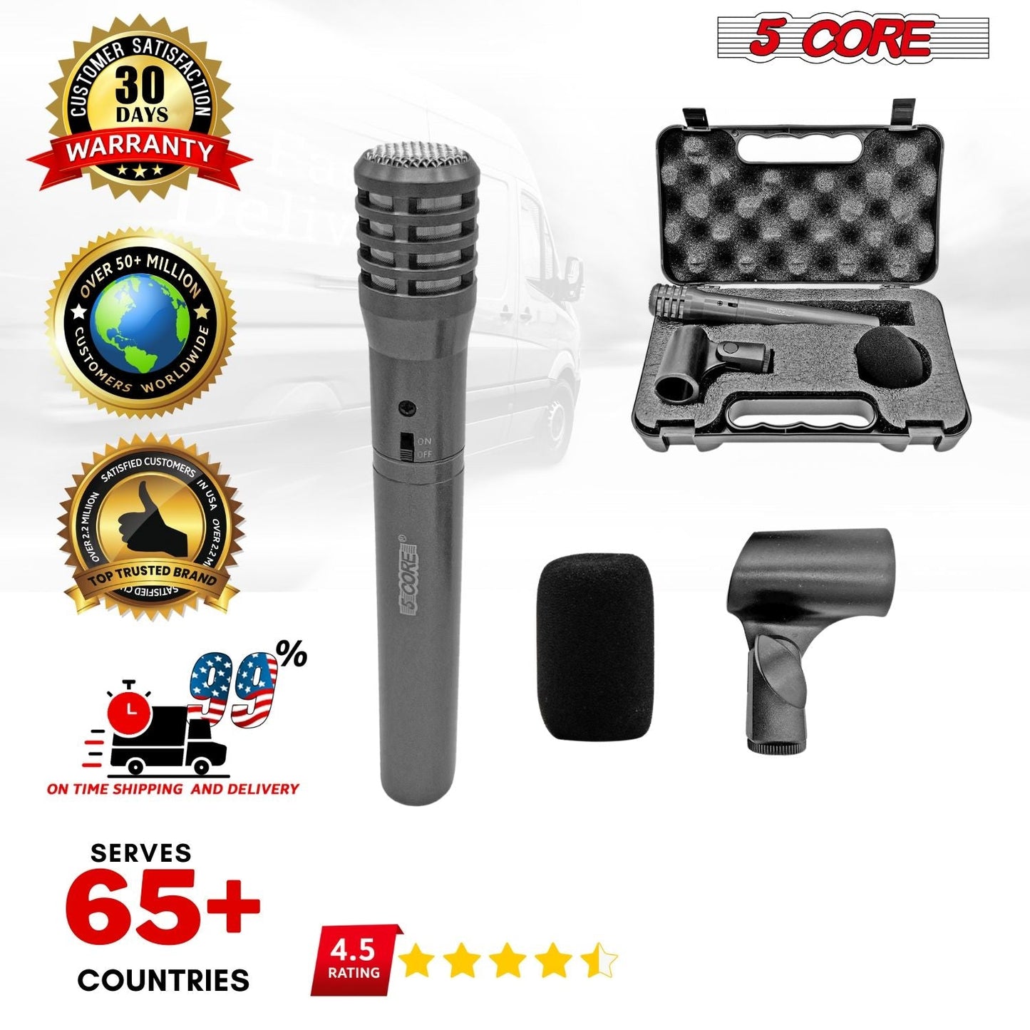 5 CORE Professional Instrument Microphone Pencil Mic Condenser Cardioid Unidirectional Stick Microfono with Windscreen Mic Clip & Case - INSTRU MIC 100 GREY