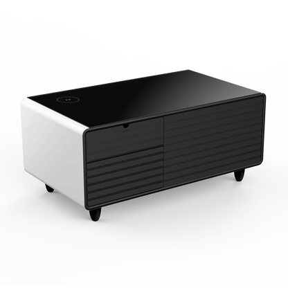 Modern Smart mini Coffee Table with Built in Fridge;  Outlet protection; Wireless charging module; Mechanical temperature control; Power socket; USB interface And power interface.
