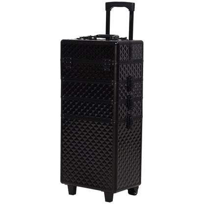 4 in 1 Makeup Train Case Portable Aluminum Rolling Cosmetic Organizer Trolley with Wheels Multiple Compartments Black