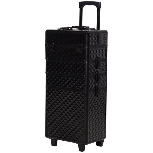 4 in 1 Makeup Train Case Portable Aluminum Rolling Cosmetic Organizer Trolley with Wheels Multiple Compartments Black