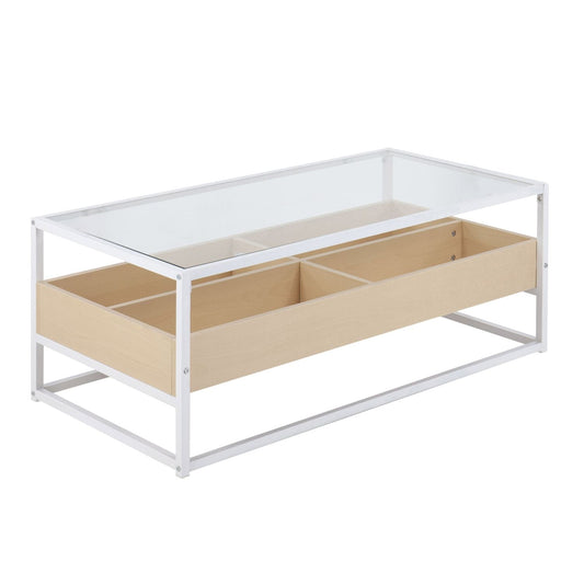 Display Contemporary Coffee Table in White Metal, Natural Wood, and Clear Glass by