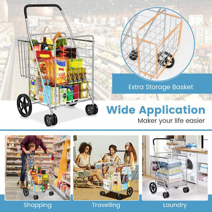Folding Shopping Cart with Swiveling Wheels and Dual Storage Baskets