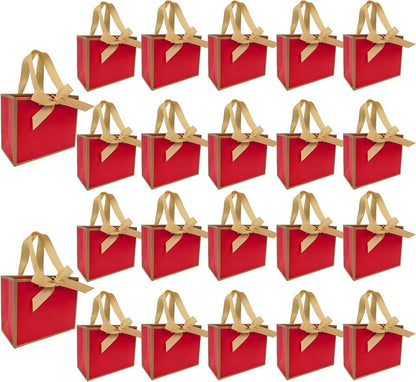 50 PCS Small Red Gold Gift Bags with Bow Ribbon - 6.4x3.1x5.1 Inch Thank You Bags with Handles, Bulk for Baby Shower, Bridal Shower, Wedding, Party Favors, Thanksgiving, Christmas