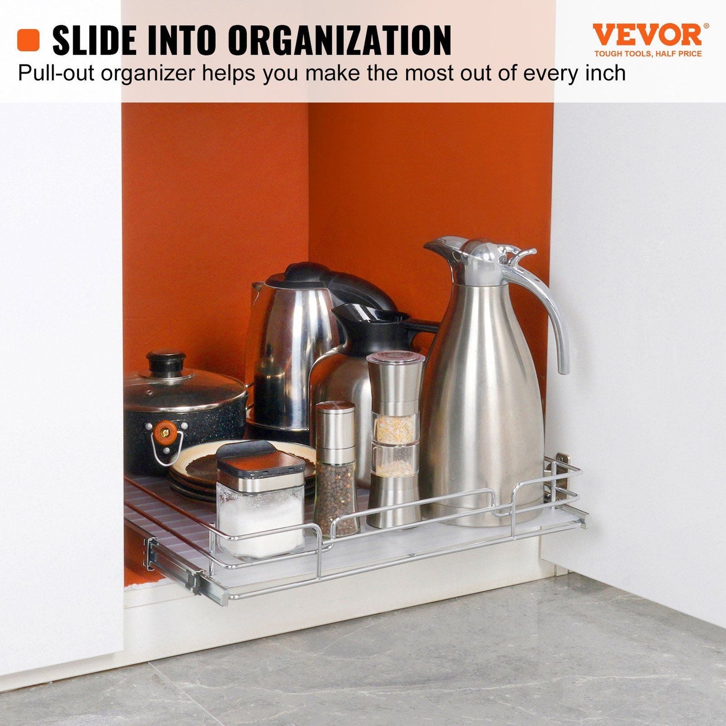 VEVOR 15.5"Wx21"Dx3.5"H Pull Out Cabinet Organizer, Heavy Duty Slide Out Pantry Shelves, Steel Roll Out Drawers, Sliding Drawer Storage for Home Under Sink, 17"Wx22"Dx7"H Install Size for Cabinet