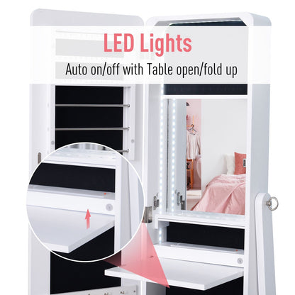 Mirrored Jewelry Armoire LED Lights Freestanding Organizer Adjustable Angle Lockable Cabinet White