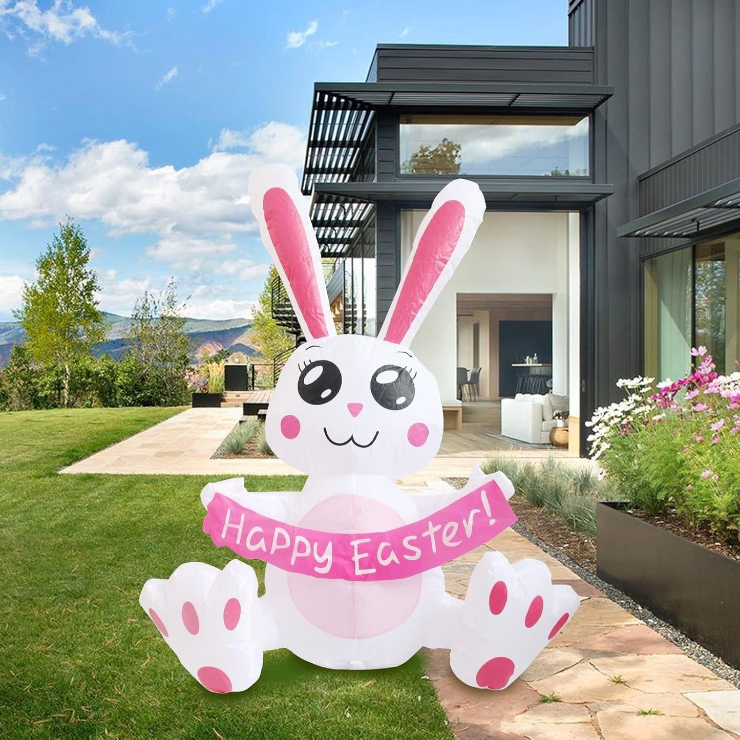 3.8 FT Easter Inflatable Cute Bunny Outdoor Decorations, Easter Blow up Banner Bunny Yard Decorations Build-in Flashing LED Lights, Decorate Outdoor Indoor Garden Lawn Yard.