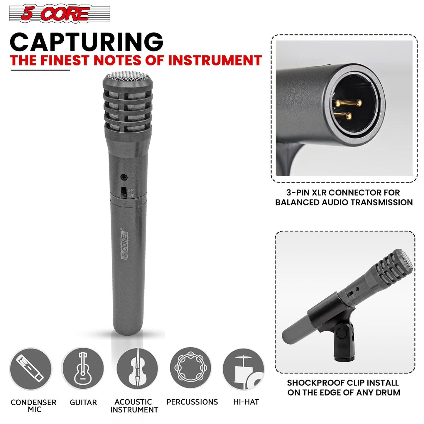 5 CORE Professional Instrument Microphone Pencil Mic Condenser Cardioid Unidirectional Stick Microfono with Windscreen Mic Clip & Case - INSTRU MIC 100 GREY