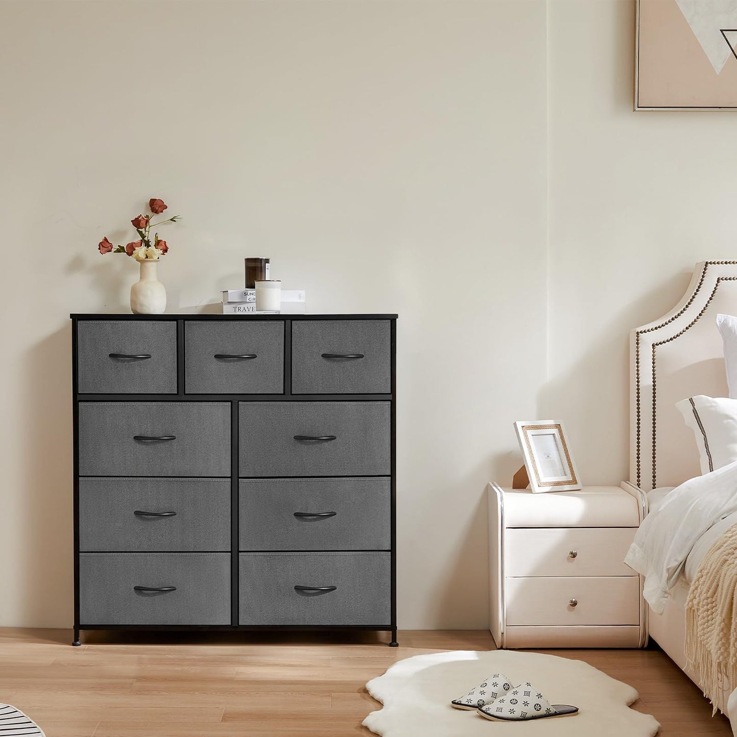 Dresser For Bedroom With 9 Fabric Storage Drawer Wardrobe Tall Chest Organizer Closet Adult Kids Clothes Cabinet Furniture