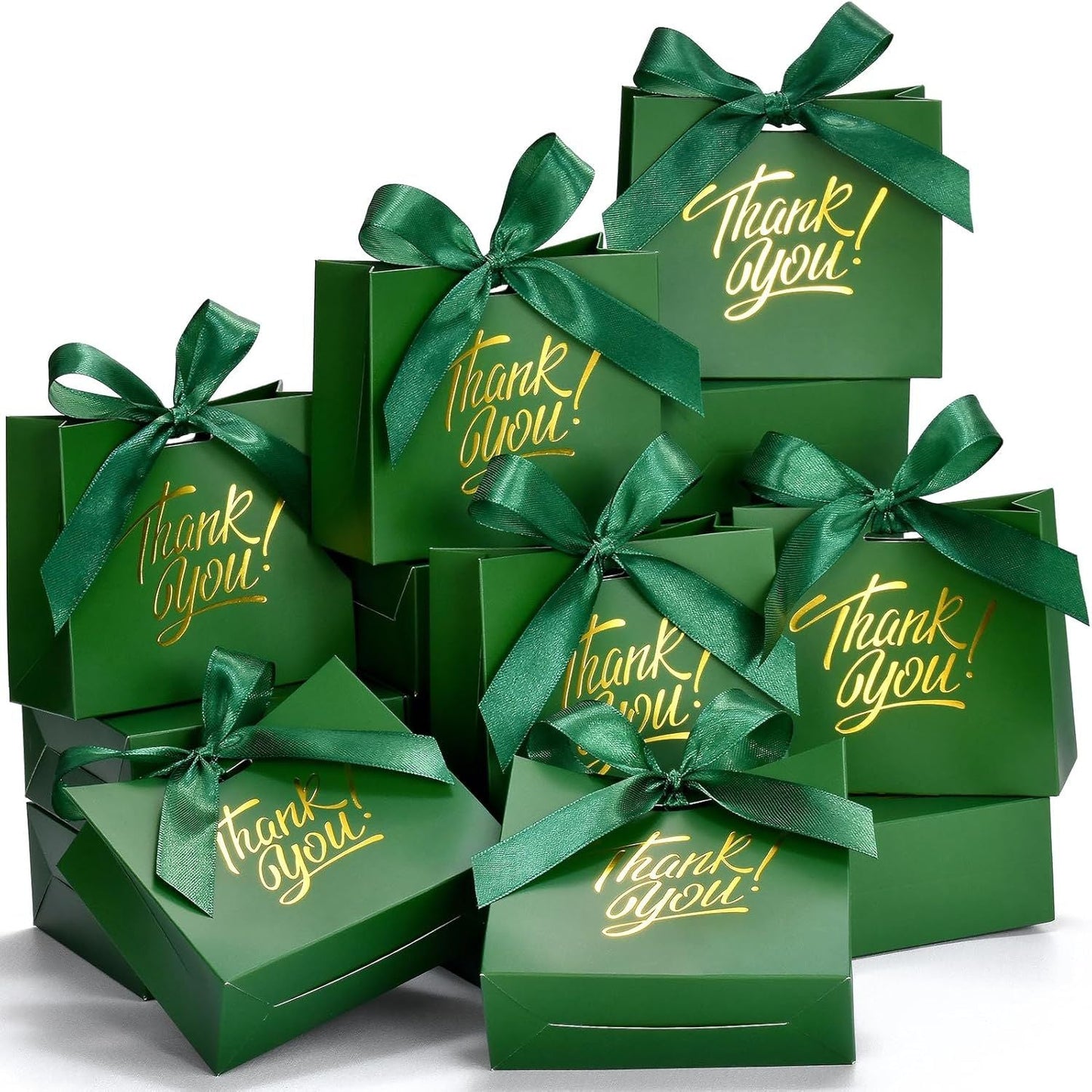 Small Gift Bags, 25 Pack 4.5x1.8x3.9 Inches Thank You Bags Green Kraft Paper Gift Bags with Bow Ribbon, Candy Bags for Birthday Wedding Baby Shower