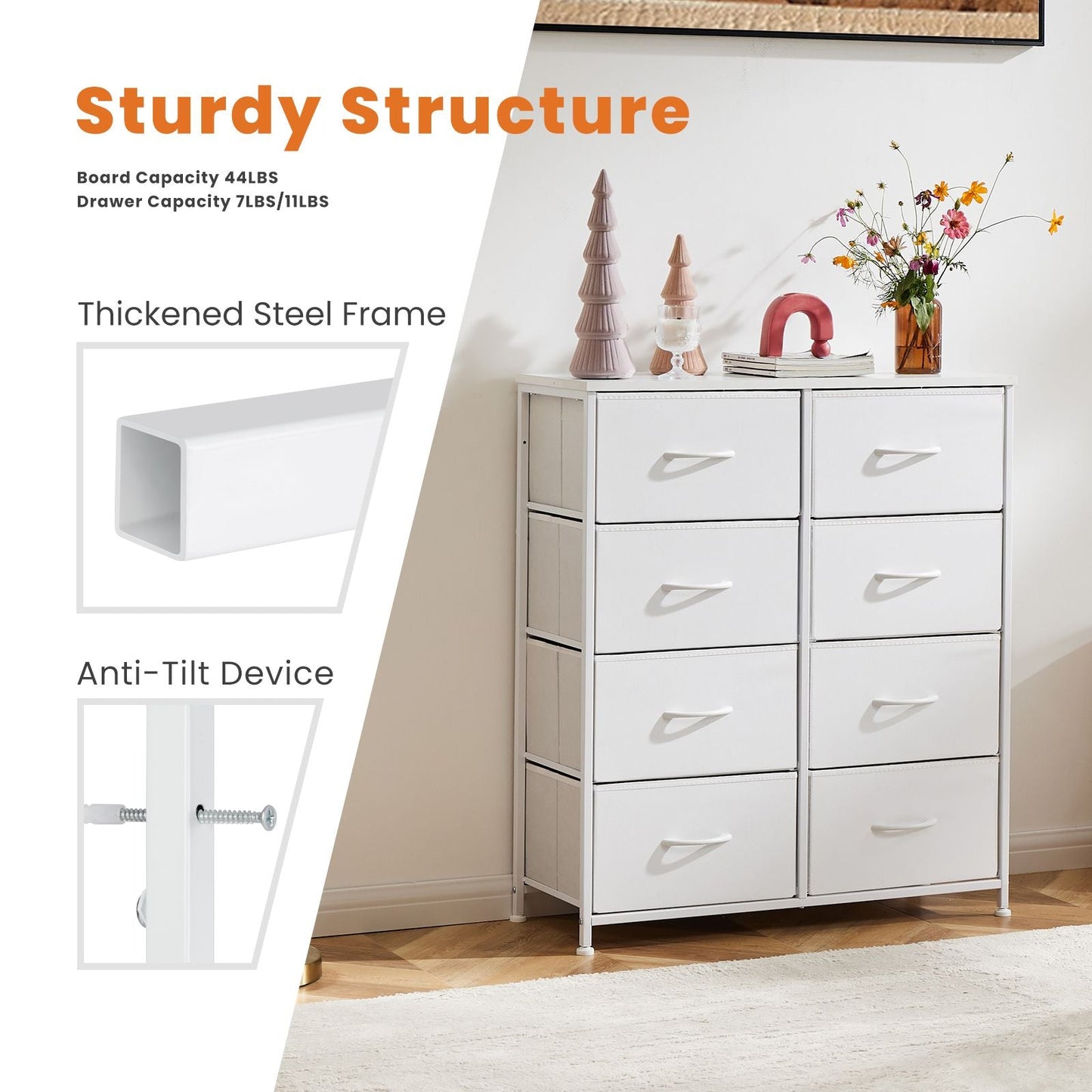 Dresser for Bedroom with 8 Drawers Tall Dresser & Chest of Drawers Fabric Dresser with Wood Top and Sturdy Steel Frame