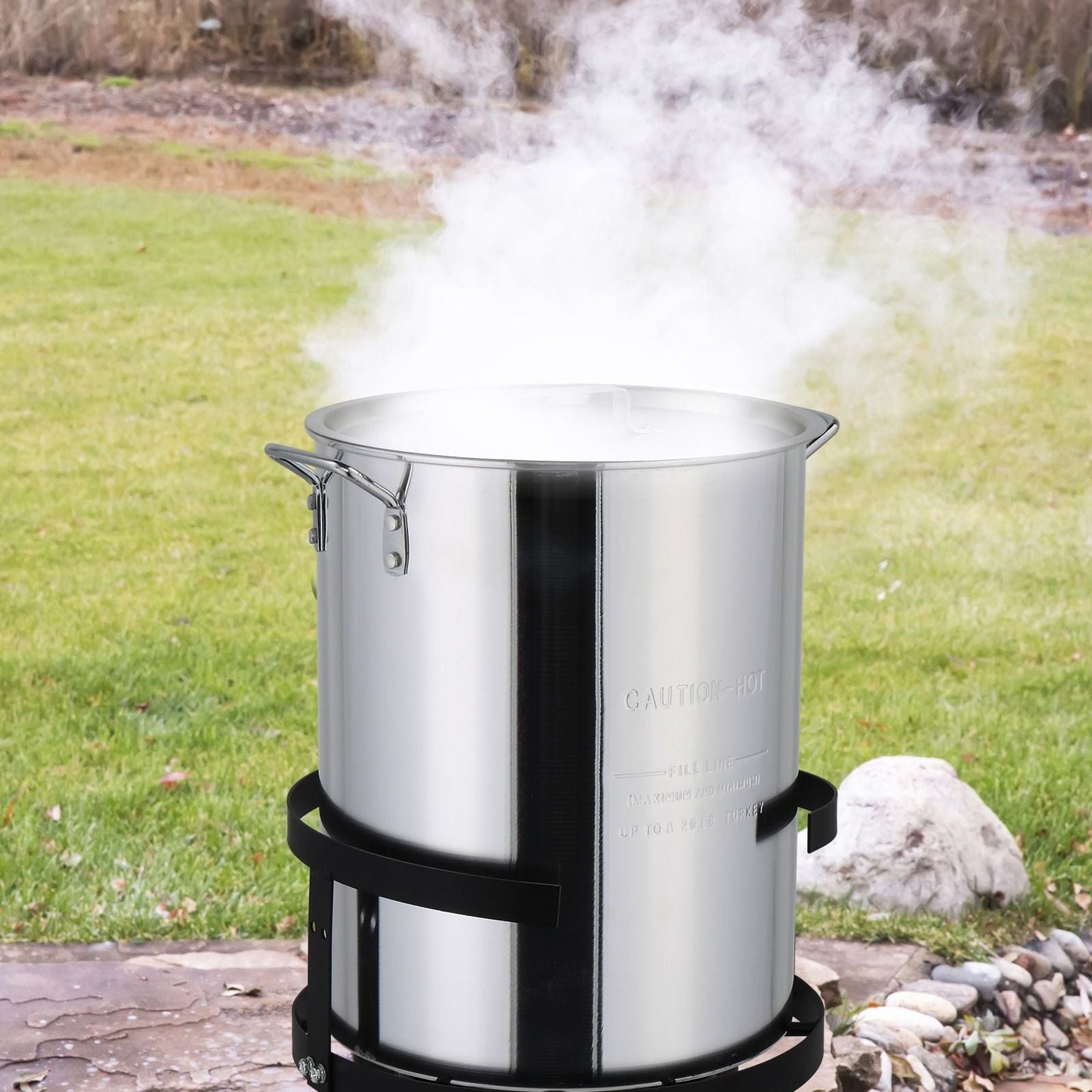 30QT Propane Turkey Fryer Set Silver Aluminum Pot with Black Round Iron Stand Outdoor Gas Deep Fryer Kit for Frying Turkey Seafood and Boiling Crawfish Backyard Cooking Equipment