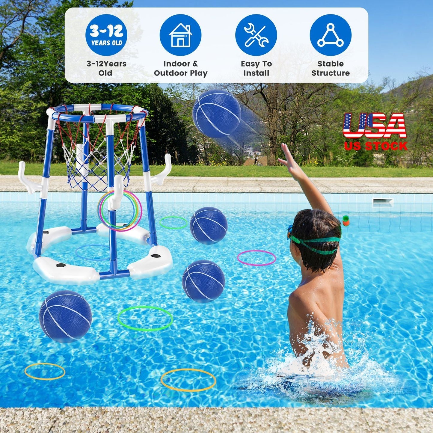 Summer Pool Basketball Hoop Toy Set With 4 Basketballs 4 Circles Pump Floating Swimming Pool Basketball Games Poolside Water Play Toy For 3-12Years Old Kids Adults