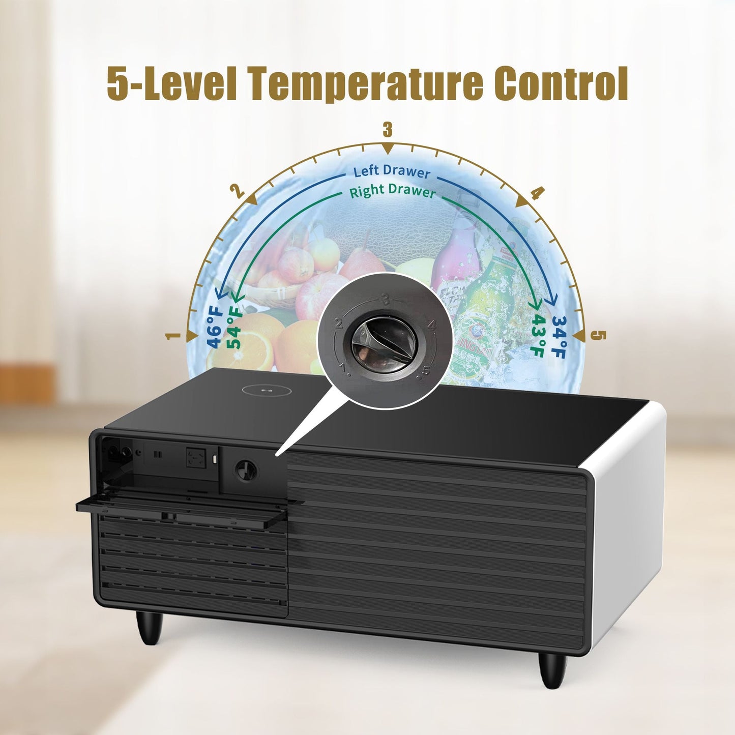 Modern Smart mini Coffee Table with Built in Fridge;  Outlet protection; Wireless charging module; Mechanical temperature control; Power socket; USB interface And power interface.