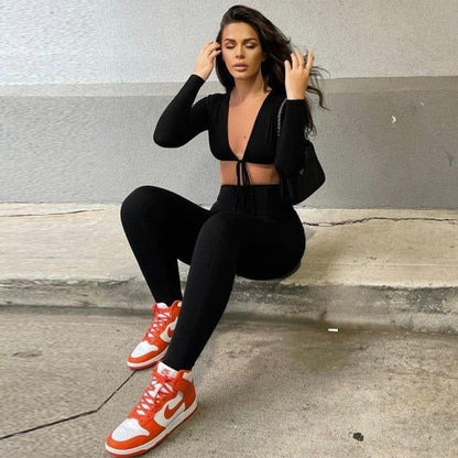 Jumpsuits Bandage Tie Sexy Hollow Out Long Sleeve Bodycon