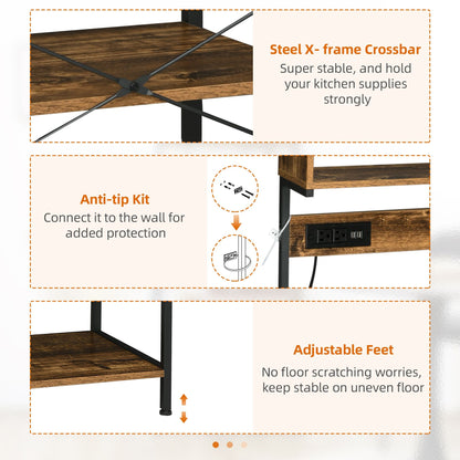 HOMCOM Baker's Rack with Power Outlet, USB Charging, Microwave Stand, Coffee Bar & Adjustable Shelves