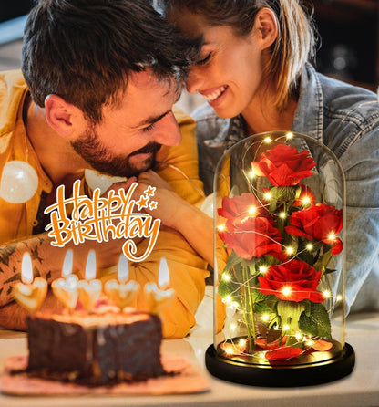 Valentines Day Gifts for Her,Valentines Decor Beauty and The Beast Rose Flowers with 40 LED Lights Rose in Glass Dome,Enchanted Rose Valentines Flowers Birthday Gifts for Women Girlfriend Mom Wife