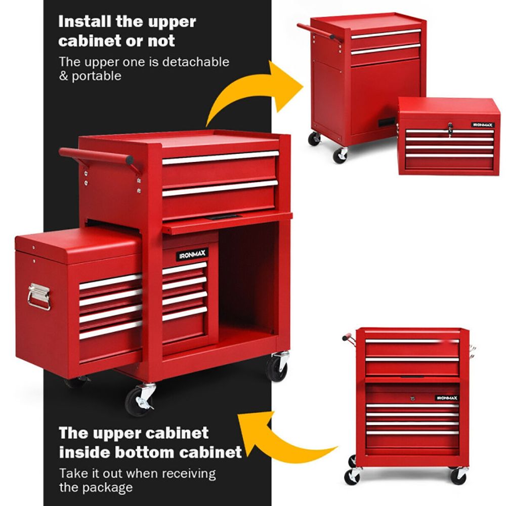 2-in-1 Rolling Tool Chest with 5 Sliding Lockable Drawers